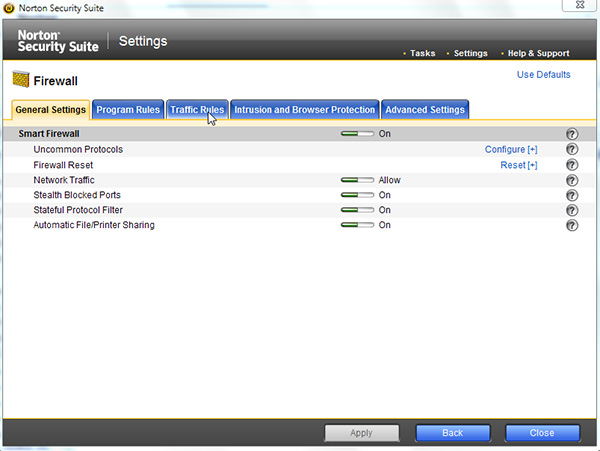Firewall control panel in Norton Security Suite