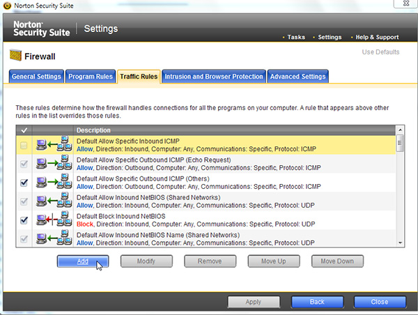 The Traffic Rules tab of the Firewall control panel in Norton Security Suite
