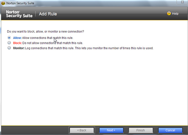 Screen 1 of 'Add Rule' wizard in Norton Security Suite