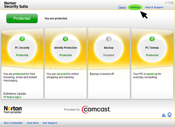 Control panel for Norton Security Suite