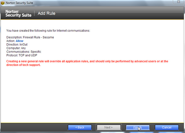 Screen 8 of 'Add Rule' wizard in Norton Security Suite