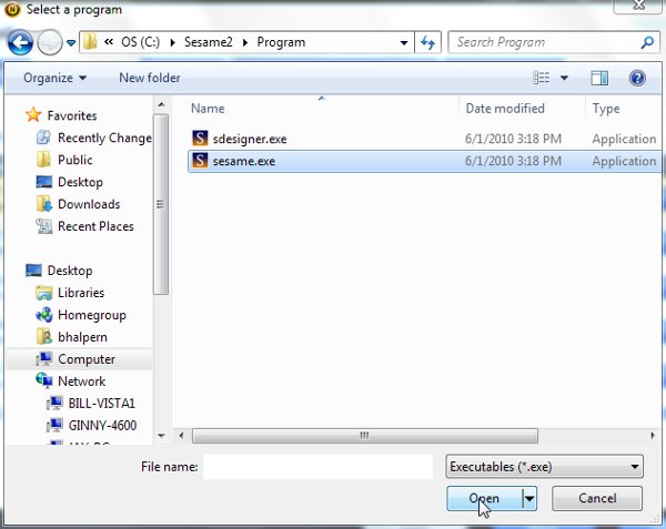 File dialogue with Sesame executable selected