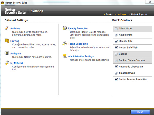 Settings control panel in Norton Security Suite